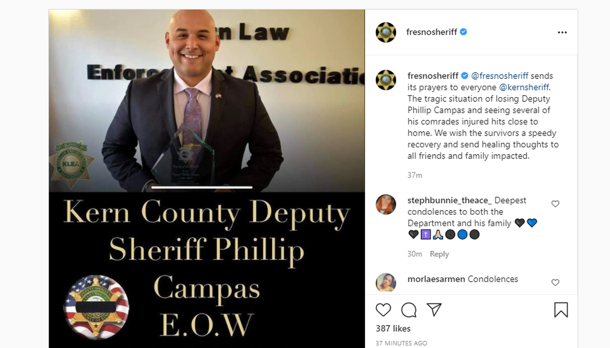 The Fresno County Sheriff’s Office on Monday paid tribute to Kern County deputy Phillip Campas, who died Sunday trying to enter a home where multiple victims had been shot by a man with an assault rifle.