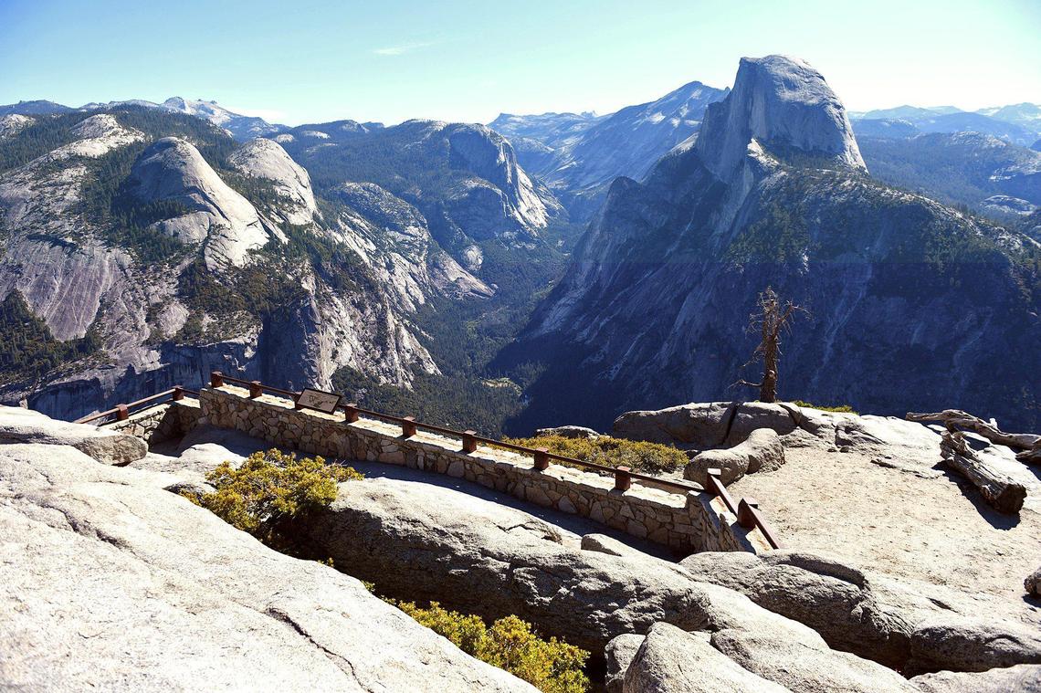 A usually crowded Glacier Point, with Half Dome in the background to the right, is empty on the first day of its reopening after closure due to coronavirus Thursday, June 11, 2020.