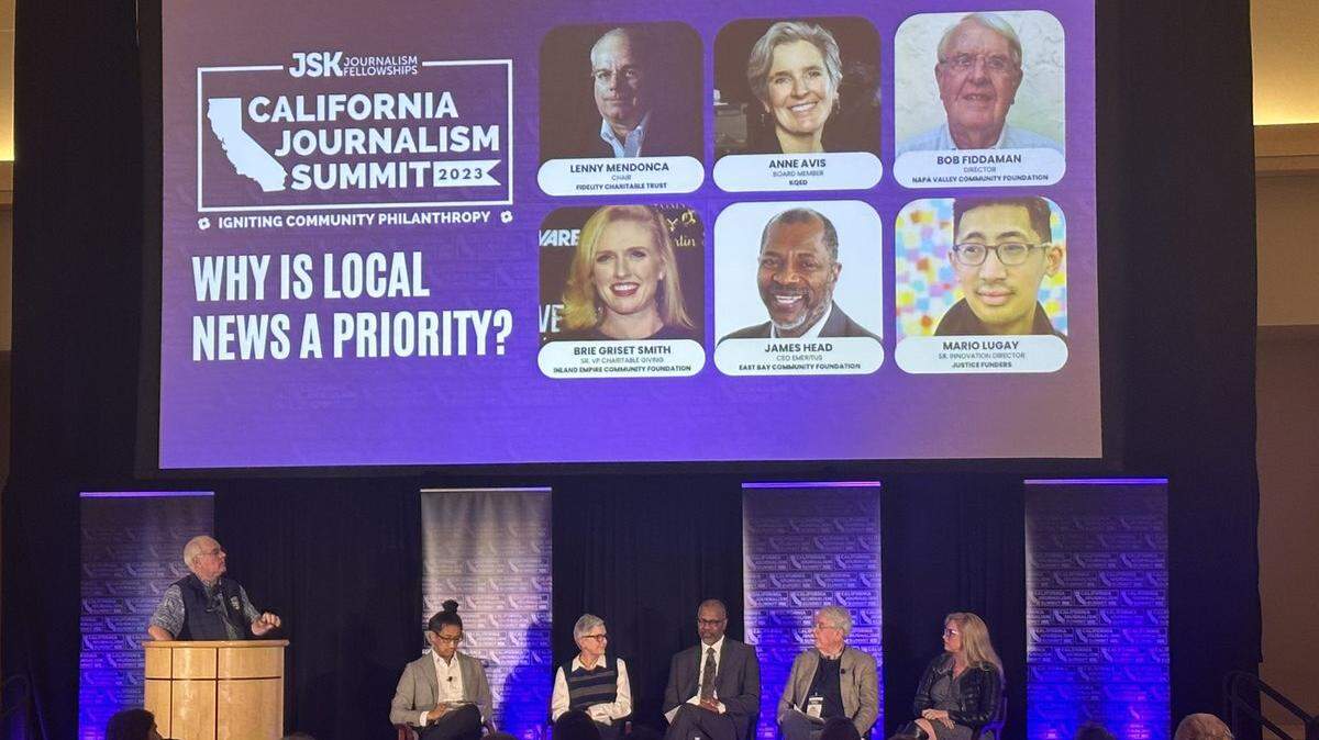 A panel discusses the future viability of local news in California during the 2023 Journalism Summit held at Stanford University.