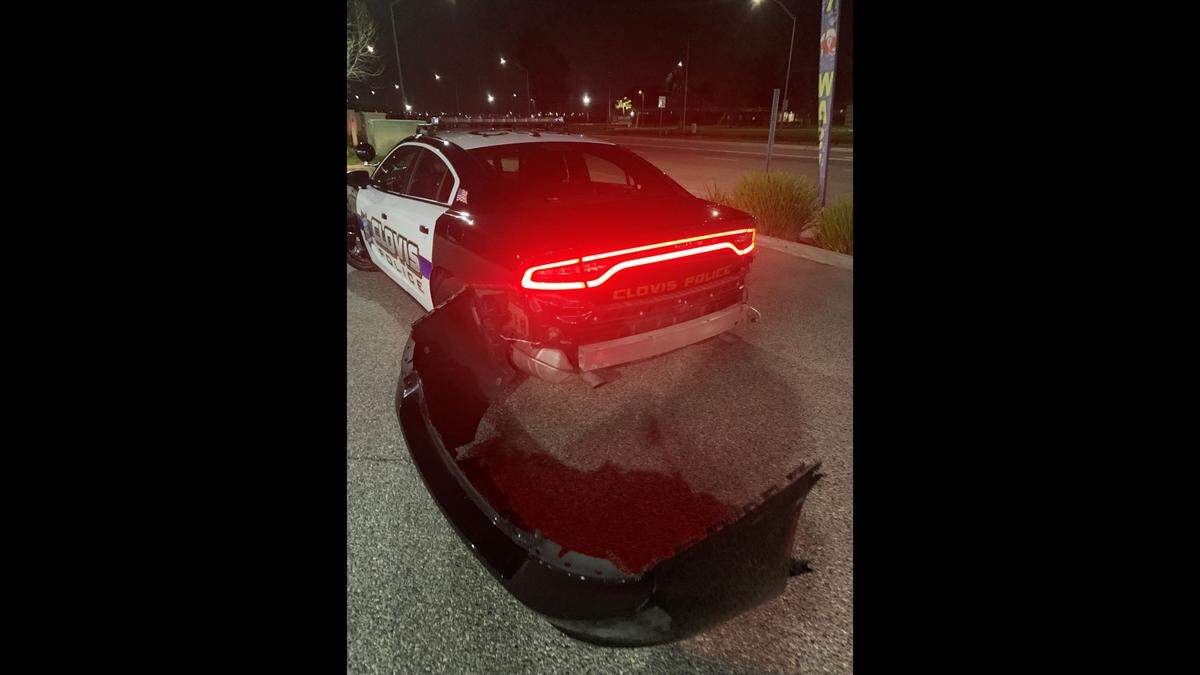 A Clovis police car was damaged Sunday, March 13, 2023, when a man tried to flee in his car, police said.