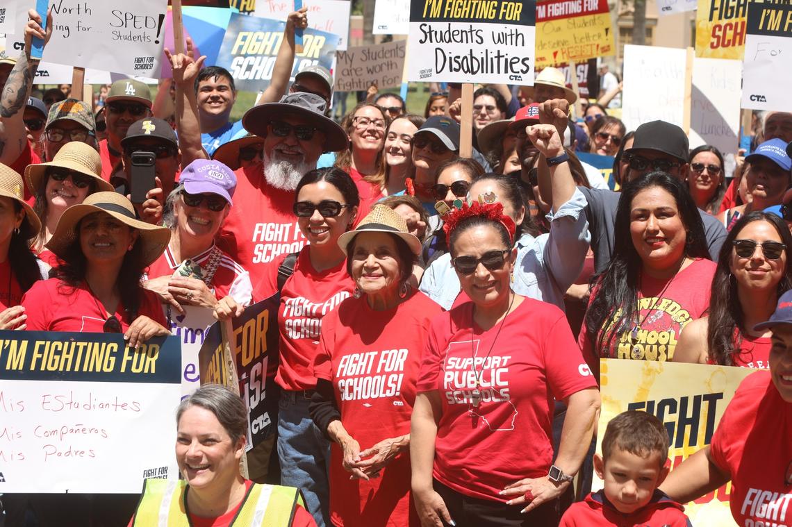 Former educator and civil right activist and labor leader Dolores Huerta joined teachers on May 17 in Hanford, CA in their fight for schools asking U.S. Rep. David Valadao to defend funding for valley schools and urge the Republican congressman to oppose federal cuts to public education.