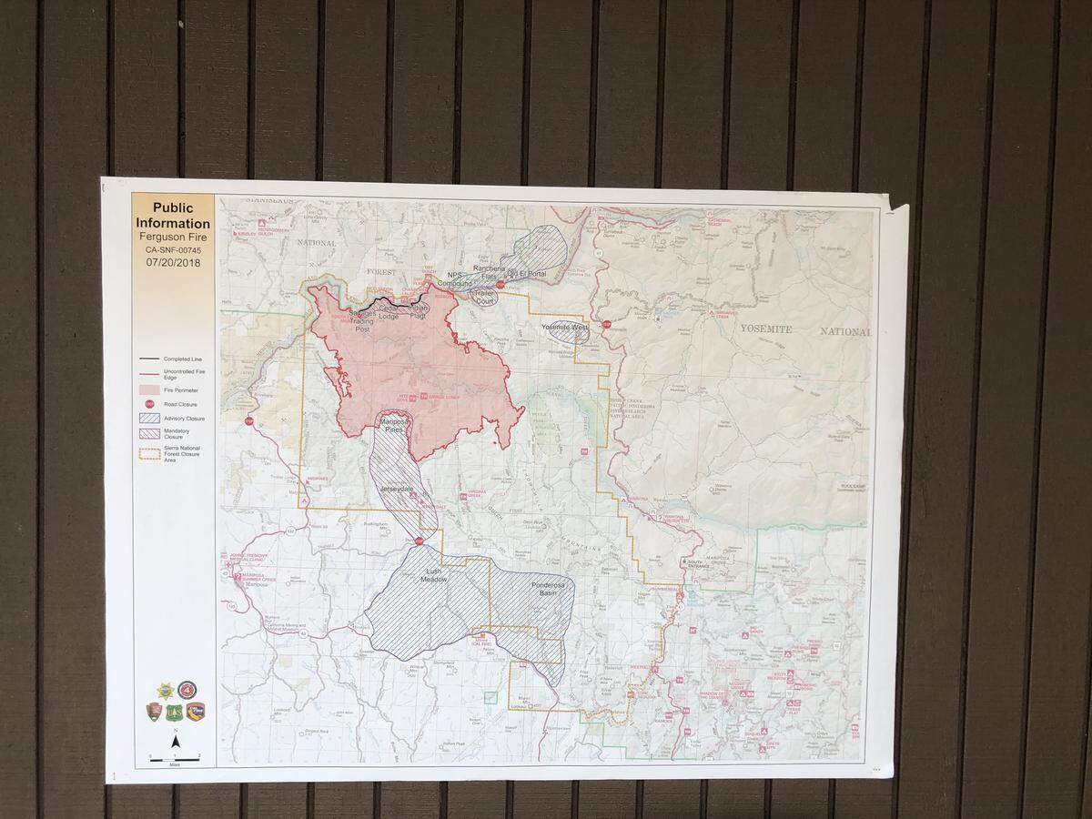 The map of the Ferguson Fire shared at a community meeting in Wawona on Friday afternoon, July 20.