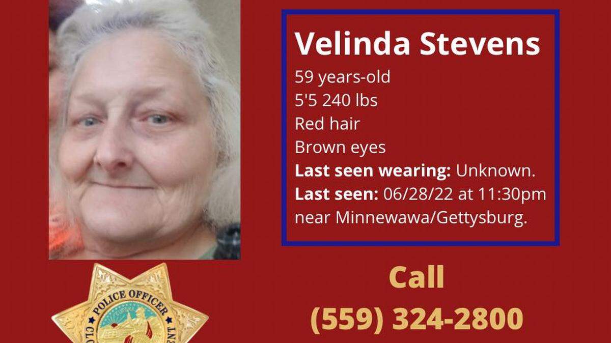 Clovis Police are looking for Velinda Stevens, 59, of Clovis, who is considered at risk.