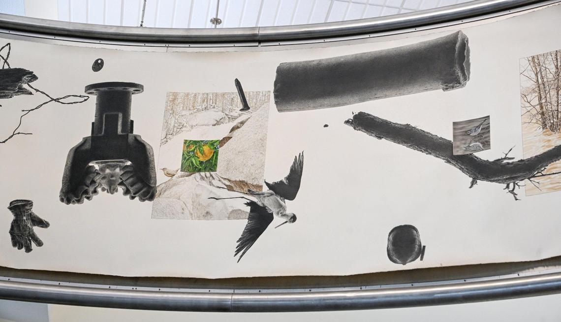 A close-up shows a detailed section of the mural “The San Joaquin River: Gravity and Light,” which was illustrated by Janice Hansen and her three sons and is displayed at the Woodward Park Library in north Fresno.