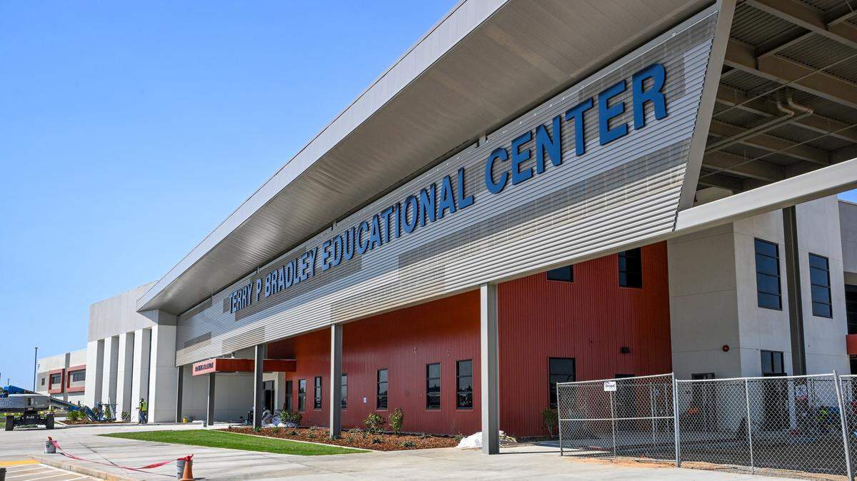 The Terry P. Bradley Educational Center, which includes Phillip V. Sanchez Intermediate School nears completion on Friday, Aug. 8, 2025 just days before the start of classes on August 18. 