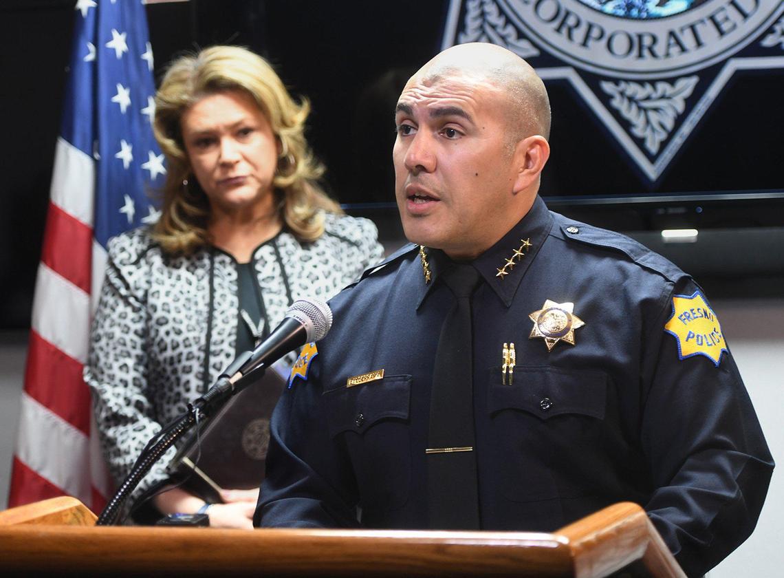 Fresno Police Chief Paco Balderrama announces the arrest of veteran police sergeant Donald Dinell, on suspicion of DUI, drug possession and robbery, at a press confernce, March 2, 2022, with Fresno County DA Lisa Smittcamp, at police headquarters.