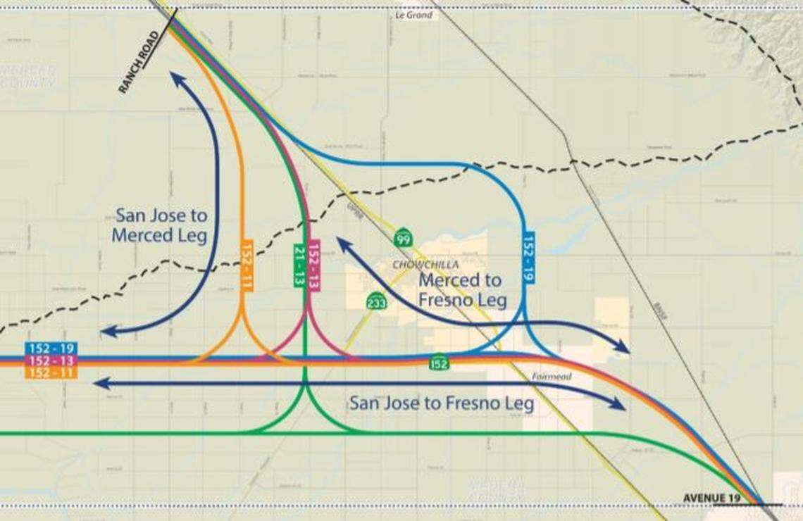 A map from the California High-Speed Rail Authority shows four route options for future connections from the Merced-Fresno rail line to an east-west connection to Gilroy and San Jose.