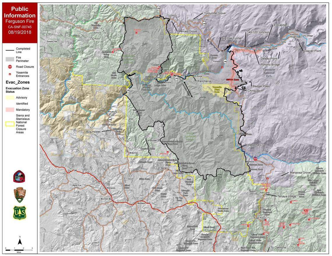 A map shows containment lines and closures for the Ferguson Fire as of Sunday, Aug. 19, 2018.