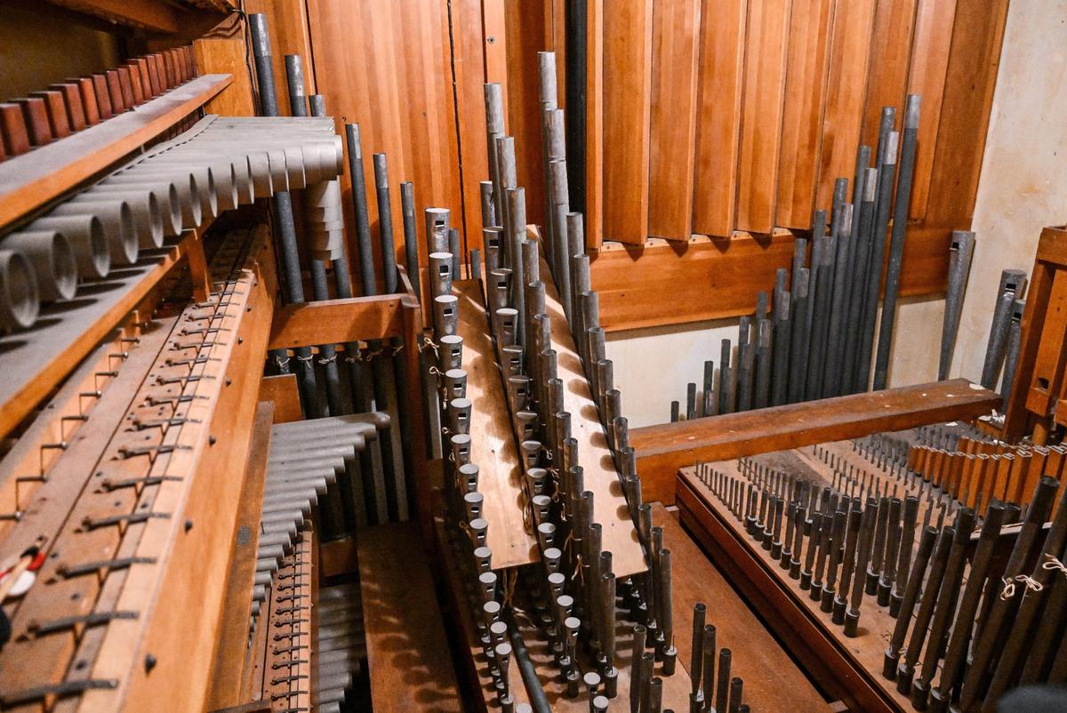A few of the hundreds of pipes used on the Robert Morton theater pipe organ lie below the stage at the historic Warnors Theatre in Fresno.