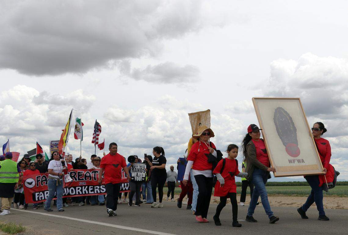United Farm Workers members and supporters marched three miles from Delano to Forty Acres on what would have been UFW founder César E. Chávez’s 98th birthday on March 31, 2025.
