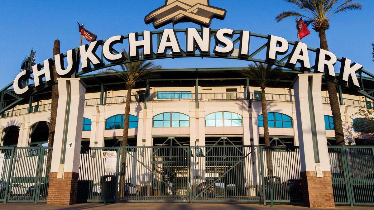 The Tulare Street entrance to Chukchansi Park in downtown Fresno, pictured in April 2020.