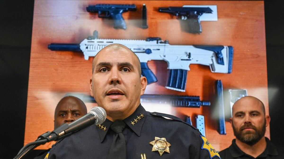 Fresno Police Chief Paco Balderrama details the the results of an investigation involving a violent armed robbery that occurred last year in Fresno, during a press conference at Fresno Police Headquarters on Thursday, Jan. 19, 2023. Police and cooperating agencies were able to identify 11 felony suspects and have already made 8 arrests and seized multiple firearms.