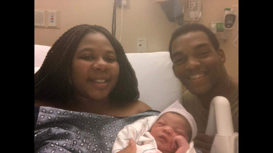 Breyonna Ganes and Gary Barrett with their newborn daughter Kayde Barrett who was born Friday, April 10, 2020. 