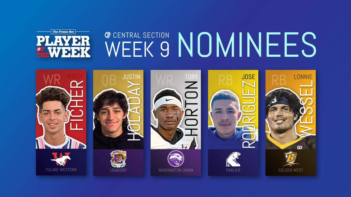 Here are the nominees for The Fresno Bee Player of the Week from Week 9, left to right: Tulare Western WR Mikey Ficher, Lemoore QB Justin Holaday, Washington Union WR Tory Horton, Parlier RB Jose Rodriguez, Golden West RB Lonnie Wessel.