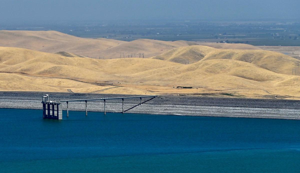 The B.F. Sisk Dam at San Luis Reservoir with its four water intake towers, center, seen Thursday, Aug. 8, 2024 near Los Banos.