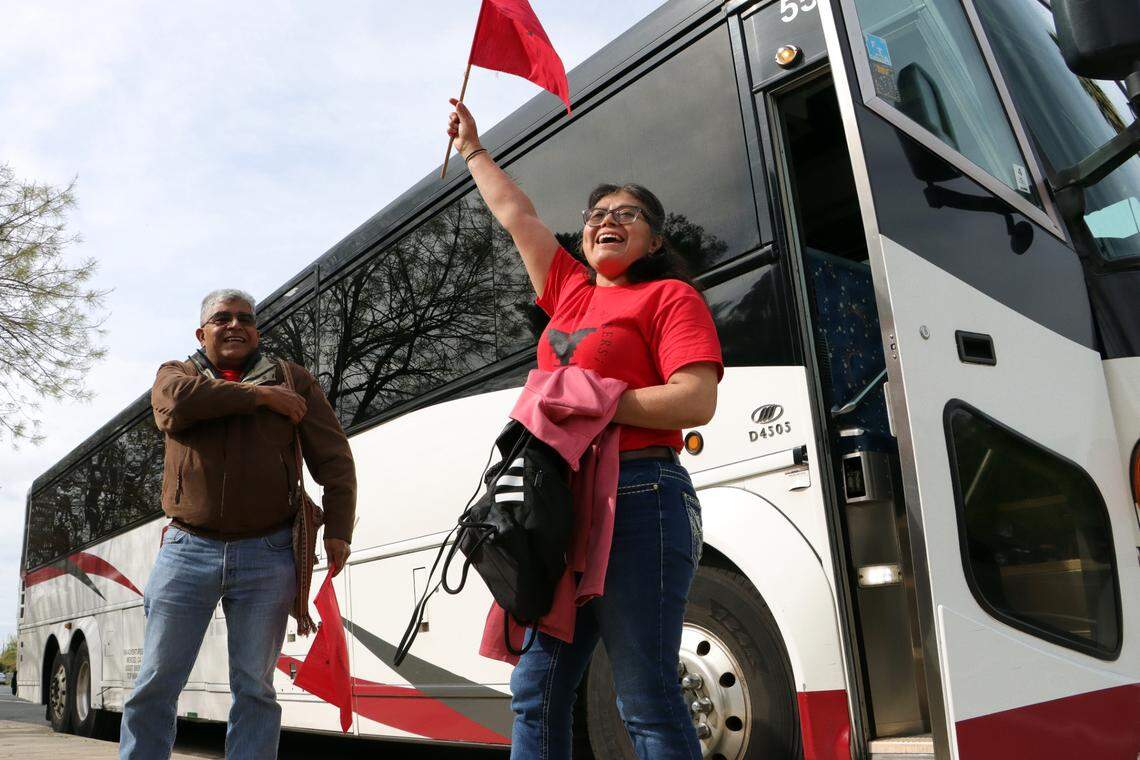 United Farm Workers national representative Antonio Cortes and another participant step off a bus from Madera upon arrival at Delano’s Memorial Park on March 31, 2025. The UFW estimated 7,000 members and supporters marched three miles from Delano to Forty Acres on what would have been UFW founder César E. Chávez’s 98th birthday on March 31, 2025.
