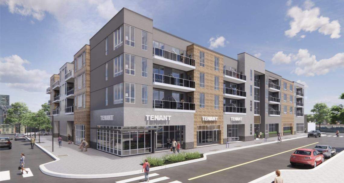 Architectural renderings of The Park, a four-story mixed use building, proposed for the corner of Fulton and Inyo streets in downtown Fresno, California. The $32 million project would have 99 residential units (79 market rate, 20 affordable) plus 4,500 square feet of ground-floor retail.