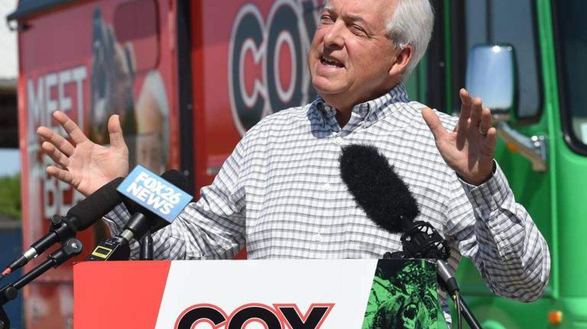 John Cox, GOP governor recall candidate, on his “Meet the Beast Bus Tour” campaign in Fresno County, on a farm southwest of Fresno, Thursday, May 6, 2021.