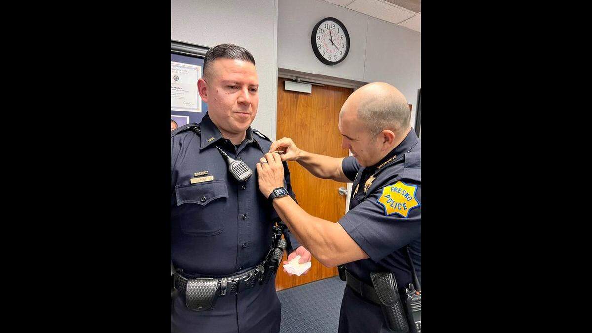 Lt. Ignacio Ruiz Jr. receives a lieutenant’s badge from Fresno police Chief Paco Balderrama, according to tweet from the chief on Feb. 2, 2022.