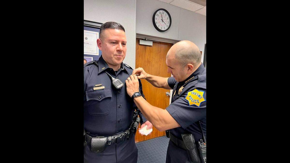 Lt. Ignacio Ruiz Jr. receives a lieutenant’s badge from Fresno police Chief Paco Balderrama, according to tweet from the chief on Feb. 2, 2022.