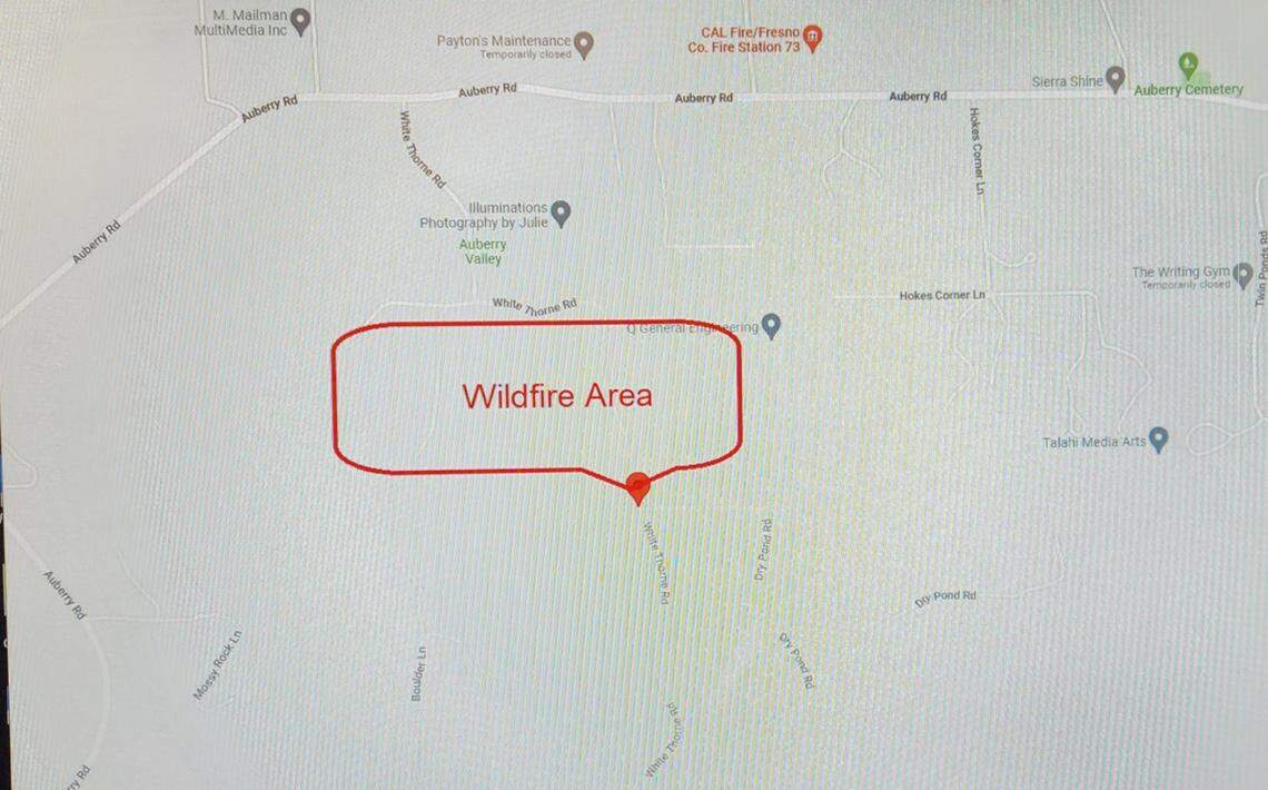 A Fresno County Sheriff’s map shows the approximate location of a 30-acre wildfire.