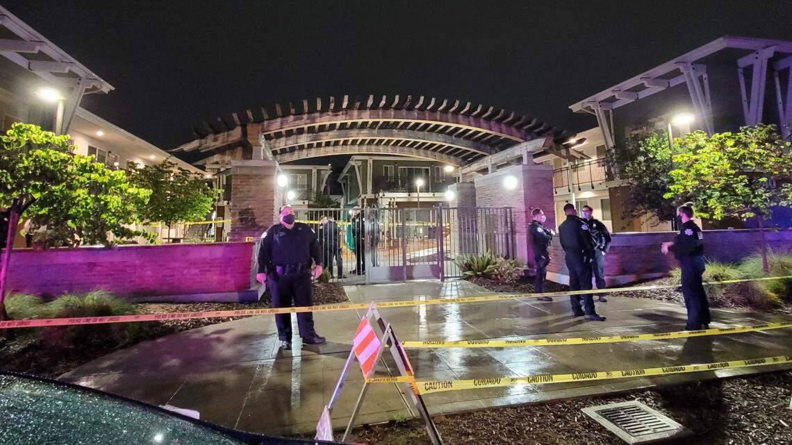 Police at the scene of a shooting Sunday night in central Fresno.
