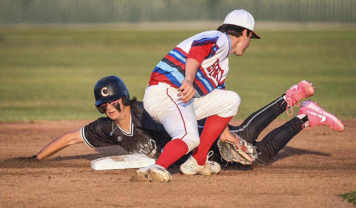 Buchanan’s Jett Ruby applies the tag late on Central’s Michael Klein at second base during their game at Buchanan on Friday, April 29, 2022.