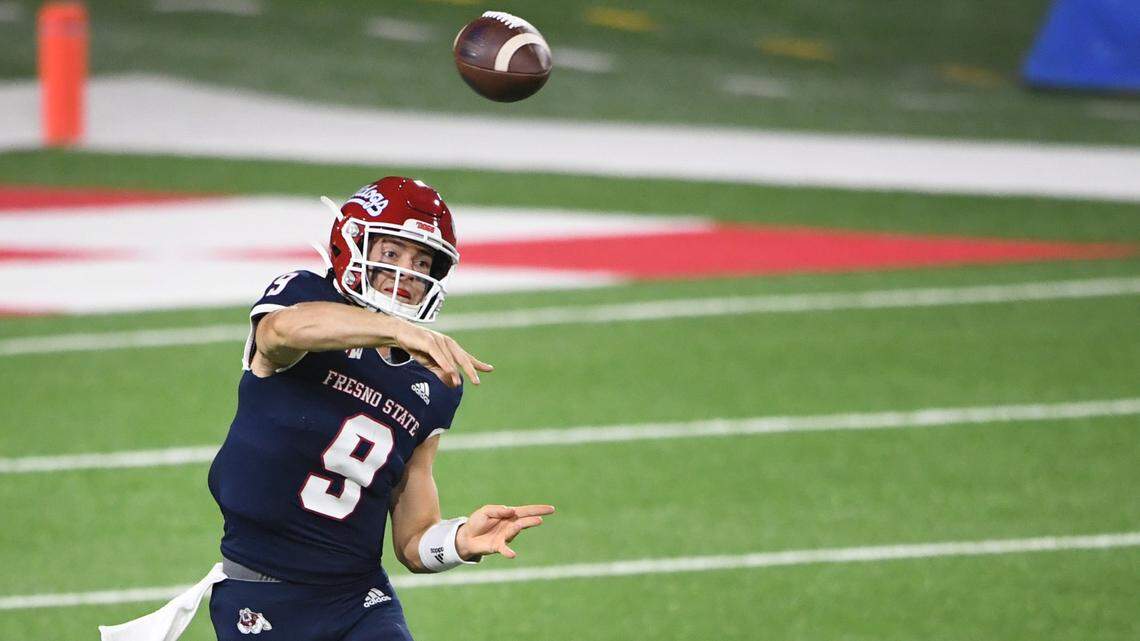 Fresno State quarterback Jake Haener throws against Colorado State during their game at Bulldog Stadium on Thursday, Oct. 29, 2020.