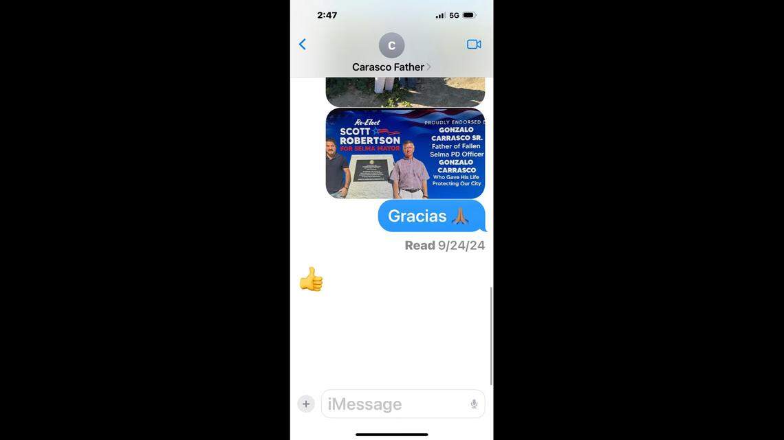 Mayor Scott Robertson shared a screengrab dated Sept. 24, 2024, he says shows Gonzalo Carraso Sr. agreed to allow the mayor to use his likeness in his campaign imagery and a video.