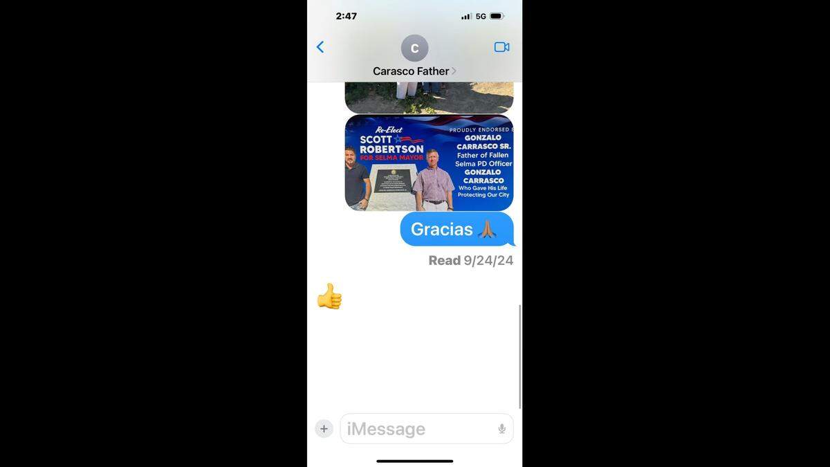 Mayor Scott Robertson shared a screengrab dated Sept. 24, 2024, he says shows Gonzalo Carraso Sr. agreed to allow the mayor to use his likeness in his campaign imagery and a video.