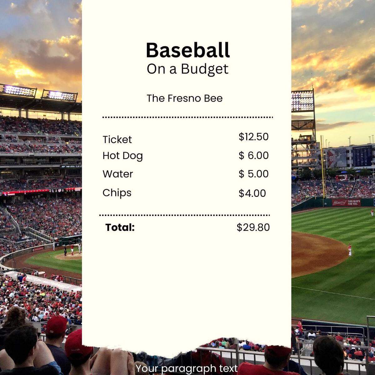 A graphic of an itemized receipt from baseball game in Fresno