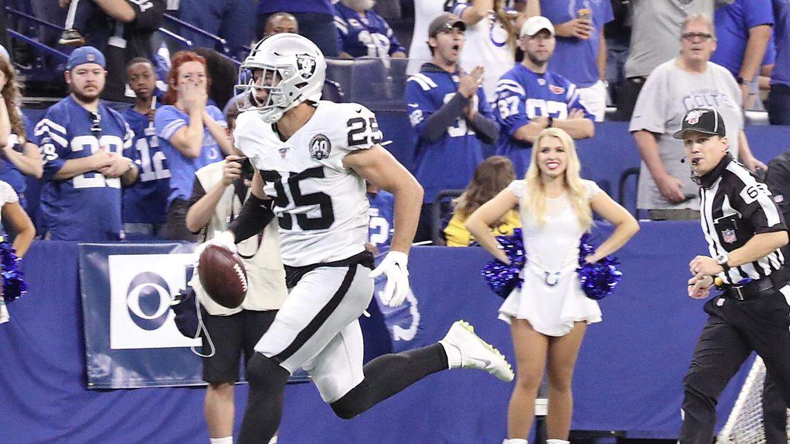 Raiders safety Erik Harris gets a pick-6 late in the fourth quarter, helping Oakland to a 31-24 victory over the Indianapolis Colts on Sunday, Sept. 29, 2019.
