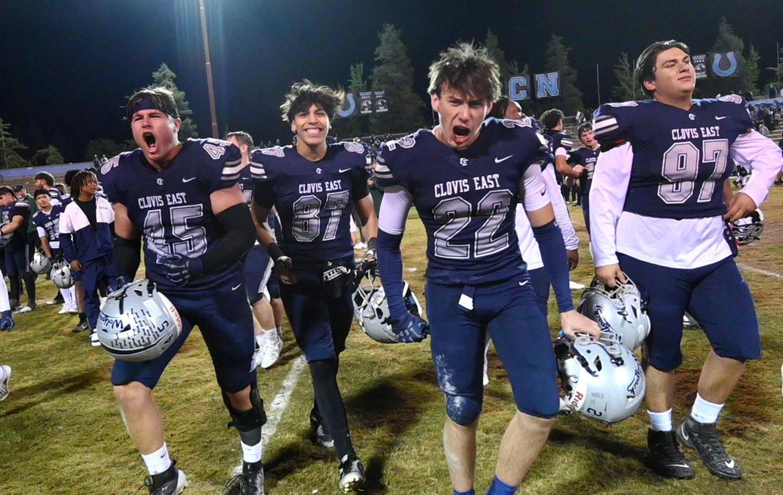 Clovis East celebrates its 38-21 TRAC Championship win over Clovis North Friday, Nov. 1, 2024 in Clovis.