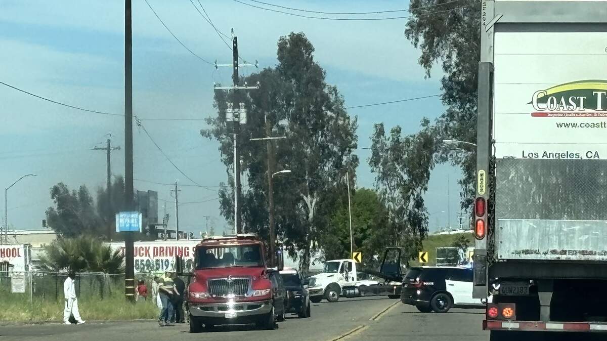 Police investigate a two-vehicle collision on Brawley Avenue, just south of Ashlan in Fresno, California on Saturday, March 7, 2026.