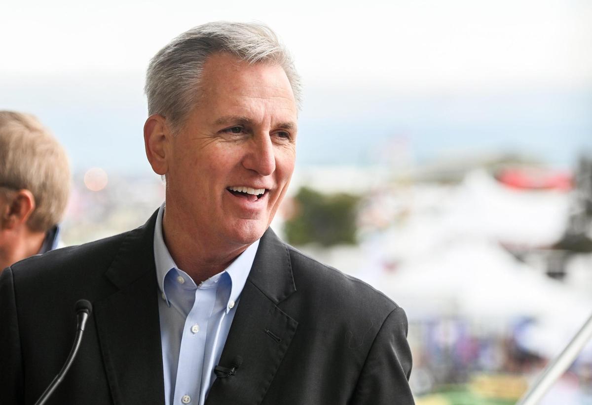 Speaker of the House, Republican Kevin McCarthy of Bakersfield, speaks to the media following the opening ceremonies at the World Ag Expo in Tulare on Tuesday, Feb. 14, 2023.