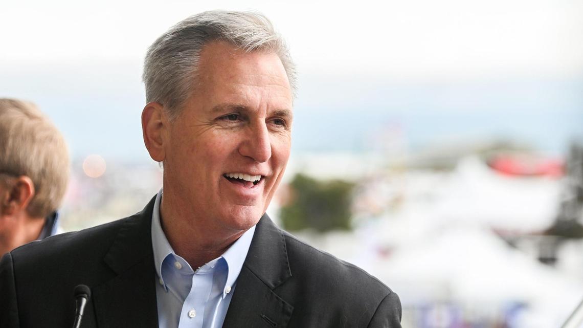 Speaker of the House, Republican Kevin McCarthy of Bakersfield, speaks to the media following the opening ceremonies at the World Ag Expo in Tulare on Tuesday, Feb. 14, 2023.