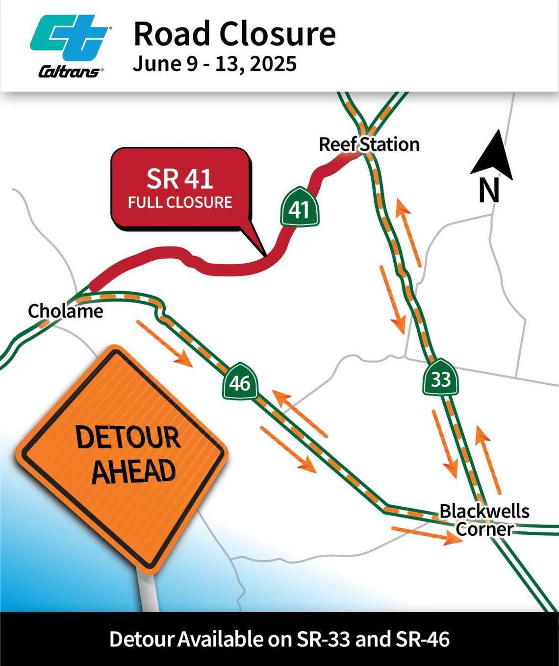 The 20-mile stretch of Highway 41 that’s located between Highway 46 East and Reef Station near State Route 33 will be closed for five full days next month, starting June 9. The construction is for the new Highway 46/Highway 41 Interchange in Cholame in northern San Luis Obispo County.