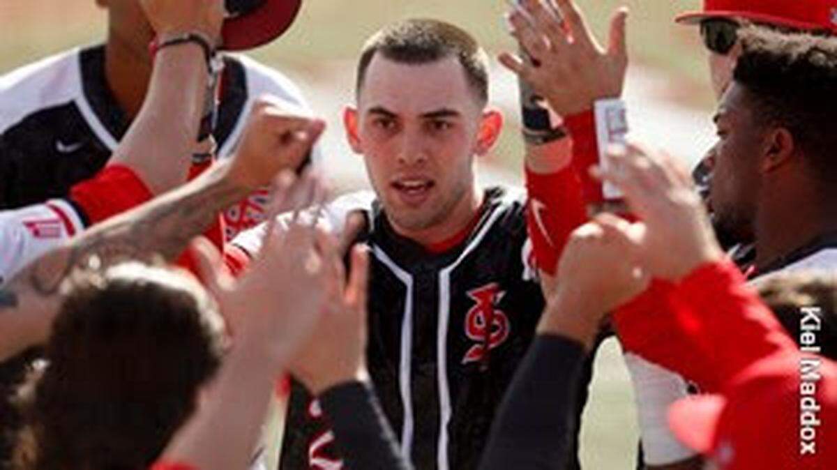 Fresno State catcher Carter Bins hit a tying homer and a go-ahead RBI single in the Bulldogs’ 6-4 win over UNLV on Sunday.