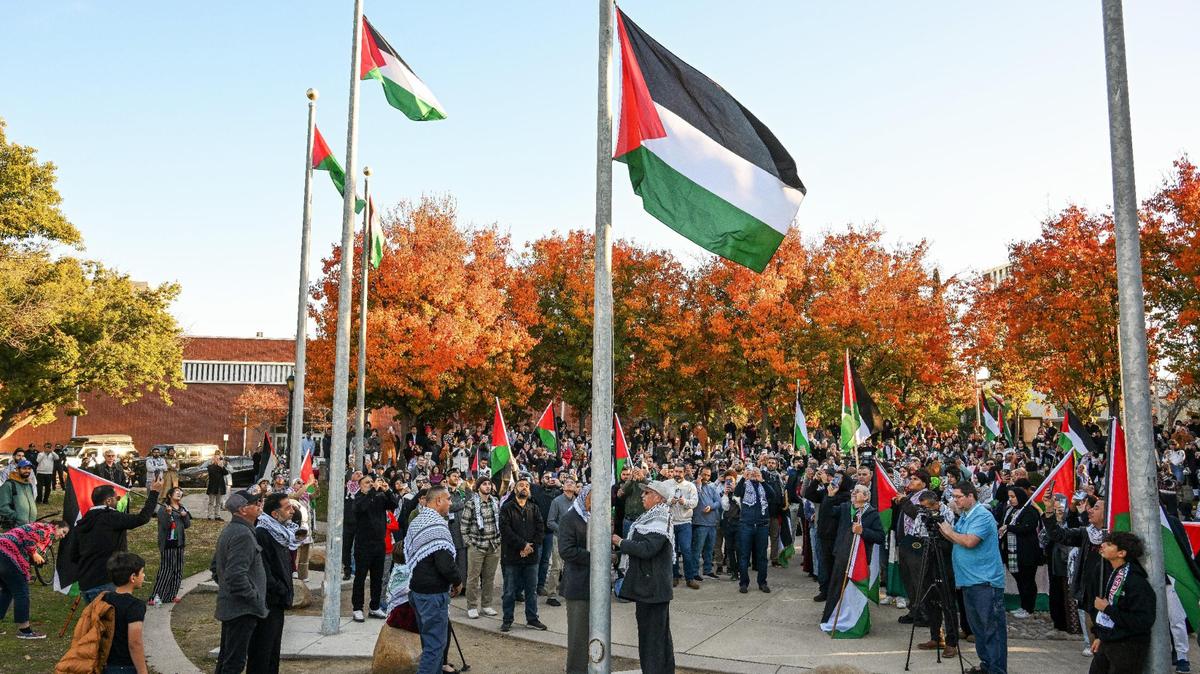 The flag of Palestine is raised during a City of Fresno-sponsored Palestinian flag-raising ceremony to show support for the Palestinian community as war rages on in the Middle East, in Eaton Plaza on Friday, Dec. 8, 2023.