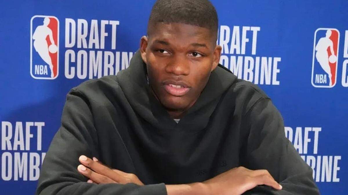 Fresno native Cedric Coward, the most unlikely first-round pick in Wednesday’s NBA Draft, speaks to the media during the draft combine in Chicago in May.