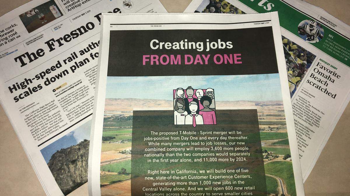 T-Mobile embarked on an advertising and public relations push in 2019, including full-page newspaper ads, highlighting its plans for a new call center in Kingsburg, to build support for its proposed merger with Sprint. The Kingsburg facility – and the more than 1,000 jobs that T-Mobile is promising there in 2022 – was dependent upon approval of the merger by federal antitrust regulators.