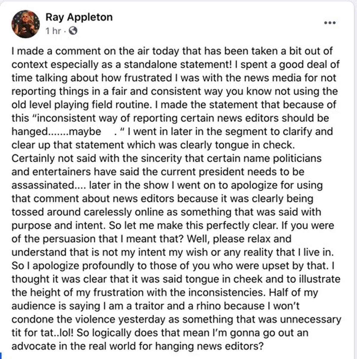 Longtime KMJ talk show host Ray Appleton provided further explanation why he said news editors should be hanged.