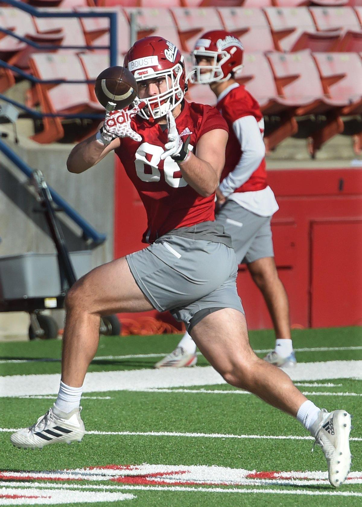 Bulldog tight end Jake Boust catches on an out pattern on the first day of spring practice, Monday March 21, 2022.