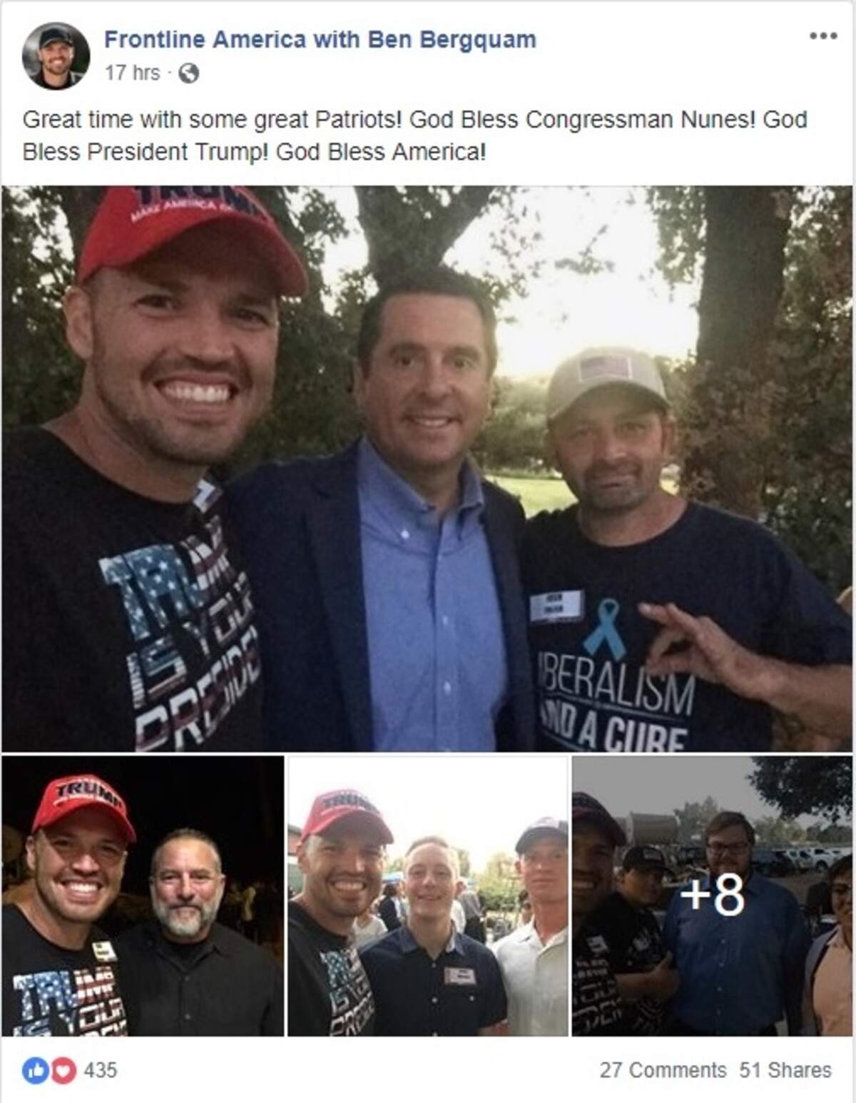 A screenshot of Ben Bergquam’s photo in September 2018 with Rep. Devin Nunes, center, and Josh Fulfer, who appears to be using a hand gesture some deem racist. This photo was subsequently removed from Bergquam’s Facebook page.