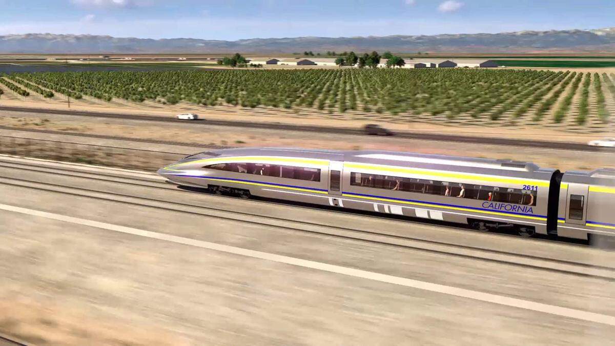 An artist’s rendering depicts a high-speed rail train rolling through the southern San Joaquin Valley.