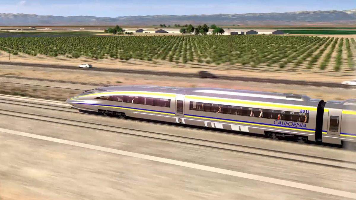 An artist’s rendering depicts a high-speed rail train rolling through the southern San Joaquin Valley.