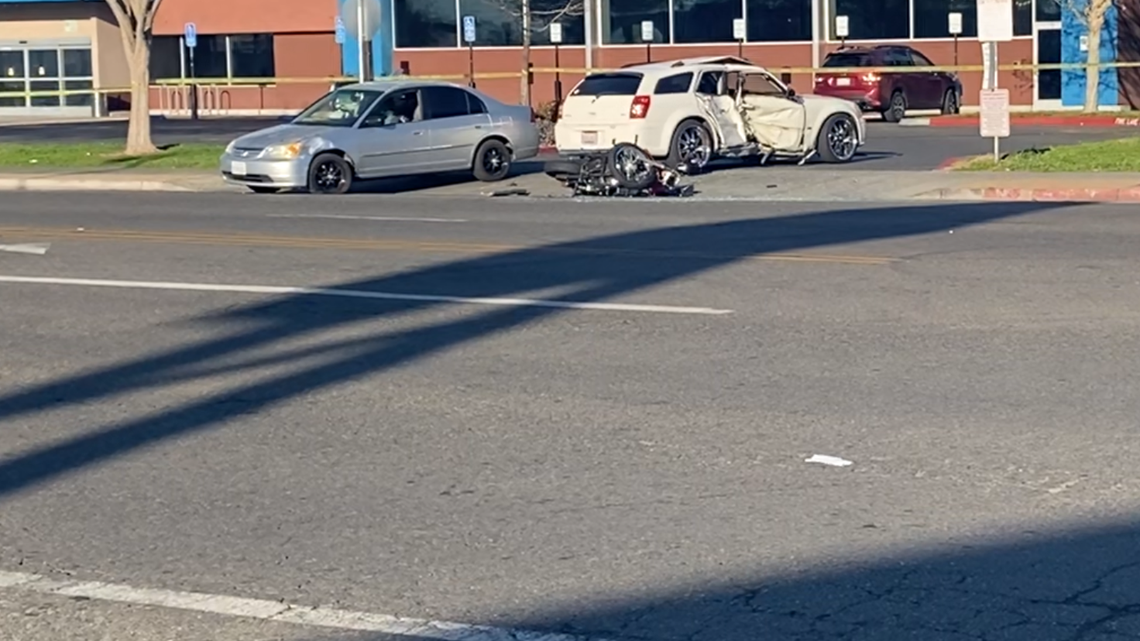 Two vehicles and a motorcycle collided at Cedar and Cornell avenues in Fresno, California on Sunday, March 23, 2025.