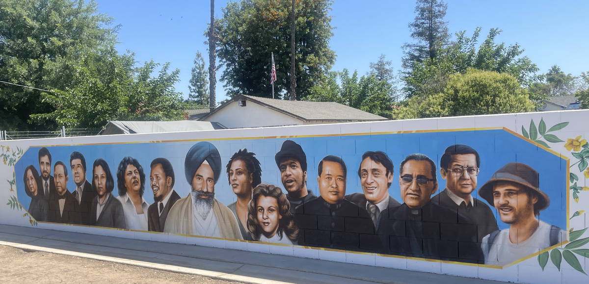 A mural of 16 global human rights leaders selected by Naindeep Singh of Fresno. The mural was painted by Levi Ponce and is located at Jaswant Singh Khalra Park.