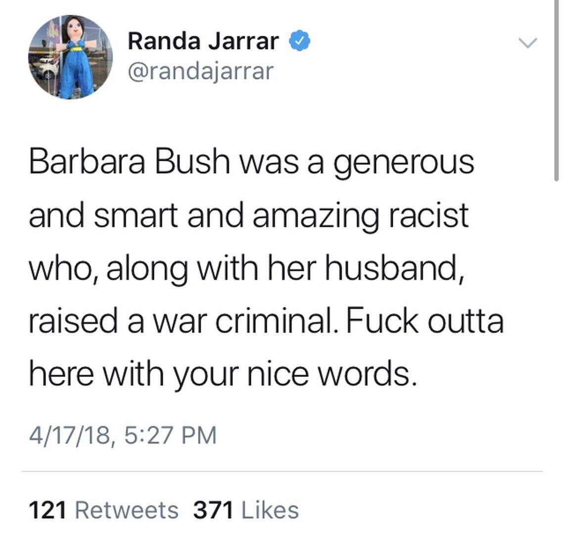 Fresno State professor Randa Jarrar went on a twitter rant that lasted more than 5 hours. And it started with this tweet, criticizing the late first lady Barbara Bush.