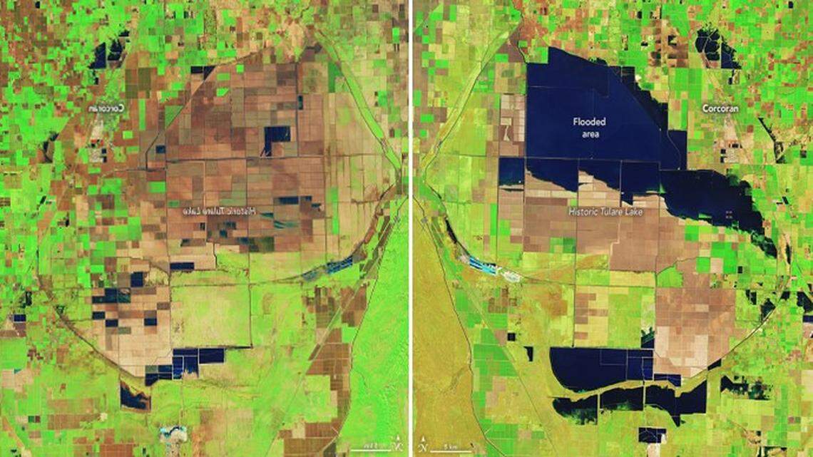 The growing Tulare Lake now is visible from outer space. See NASA’s latest satellite images